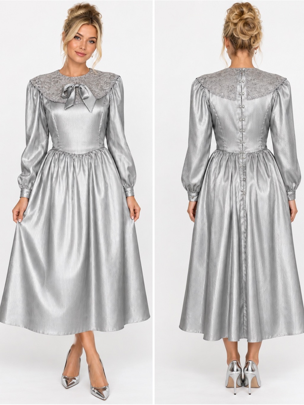 Vintage 80s Byer Too Silver Satin Lace Collar Bow Prairie Dress Size 13